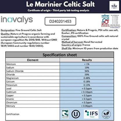 Le Marinier Celtic Salt Organic Fine Ground, 1.1lb - 18oz.