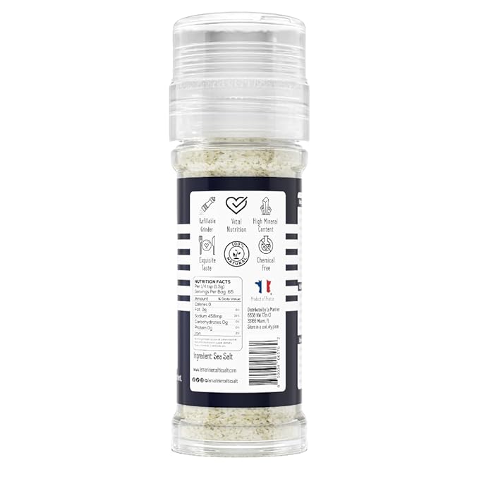 Le Marinier French Sea Salt Dry Grey Coarse, 3oz Refillable Glass Grinder