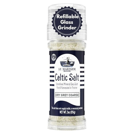 Le Marinier French Sea Salt Dry Grey Coarse, 3oz Refillable Glass Grinder