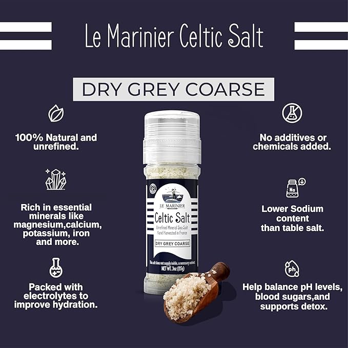 Le Marinier French Sea Salt Dry Grey Coarse, 3oz Refillable Glass Grinder