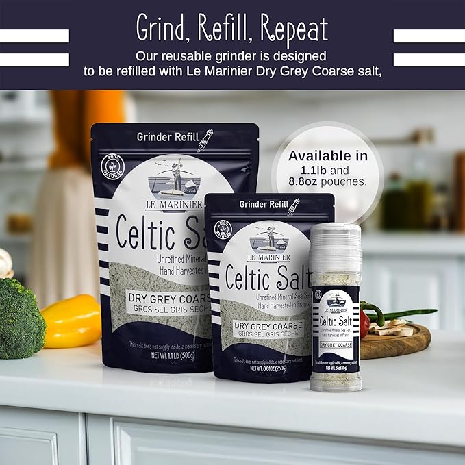 Le Marinier French Sea Salt Dry Grey Coarse, 3oz Refillable Glass Grinder