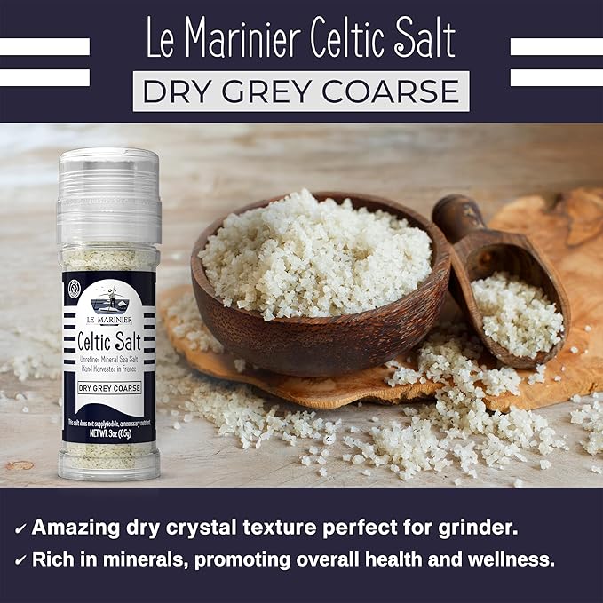 Le Marinier French Sea Salt Dry Grey Coarse, 3oz Refillable Glass Grinder